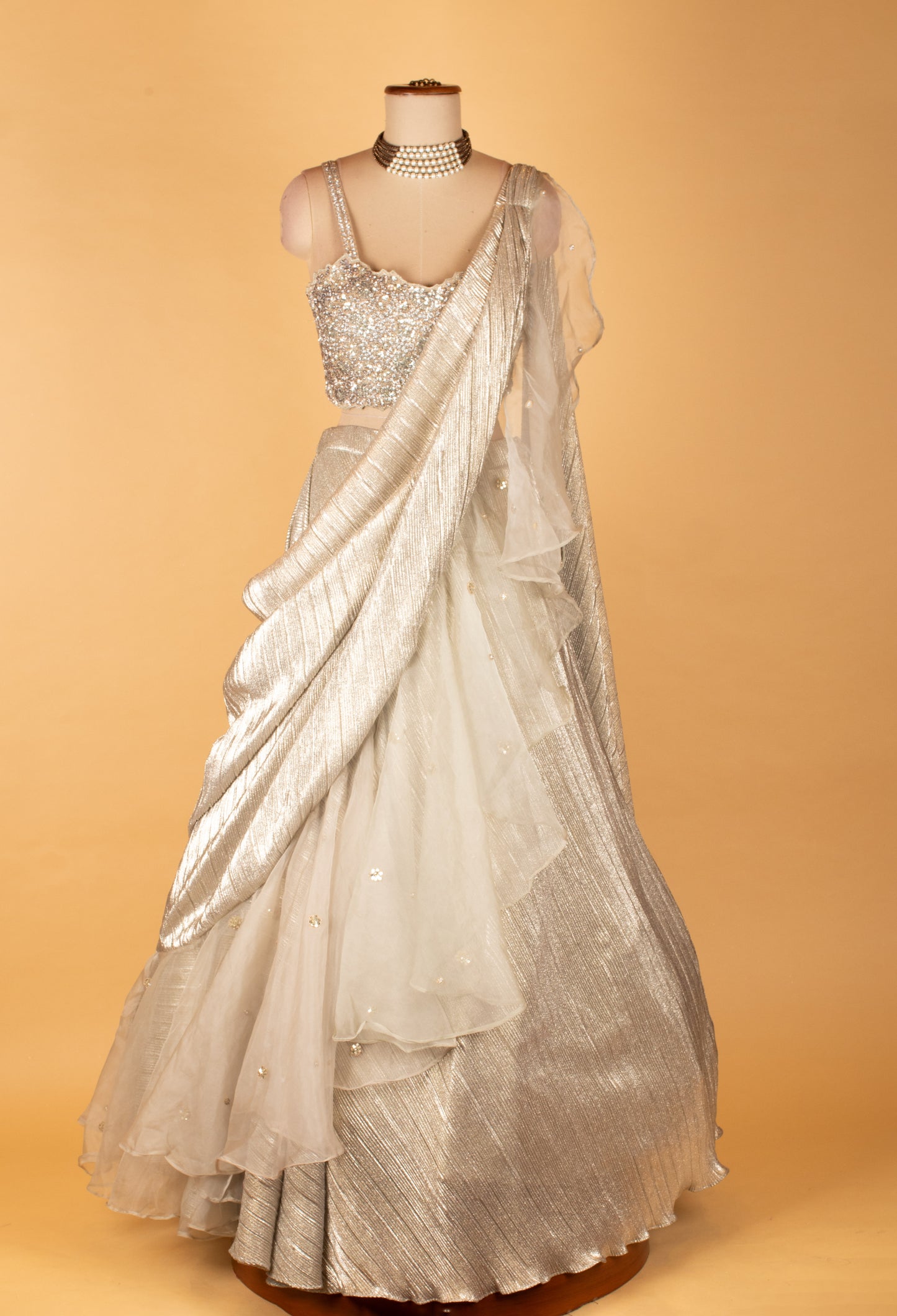 Silver Shimmer Lehenga Saree with Embellished Blouse