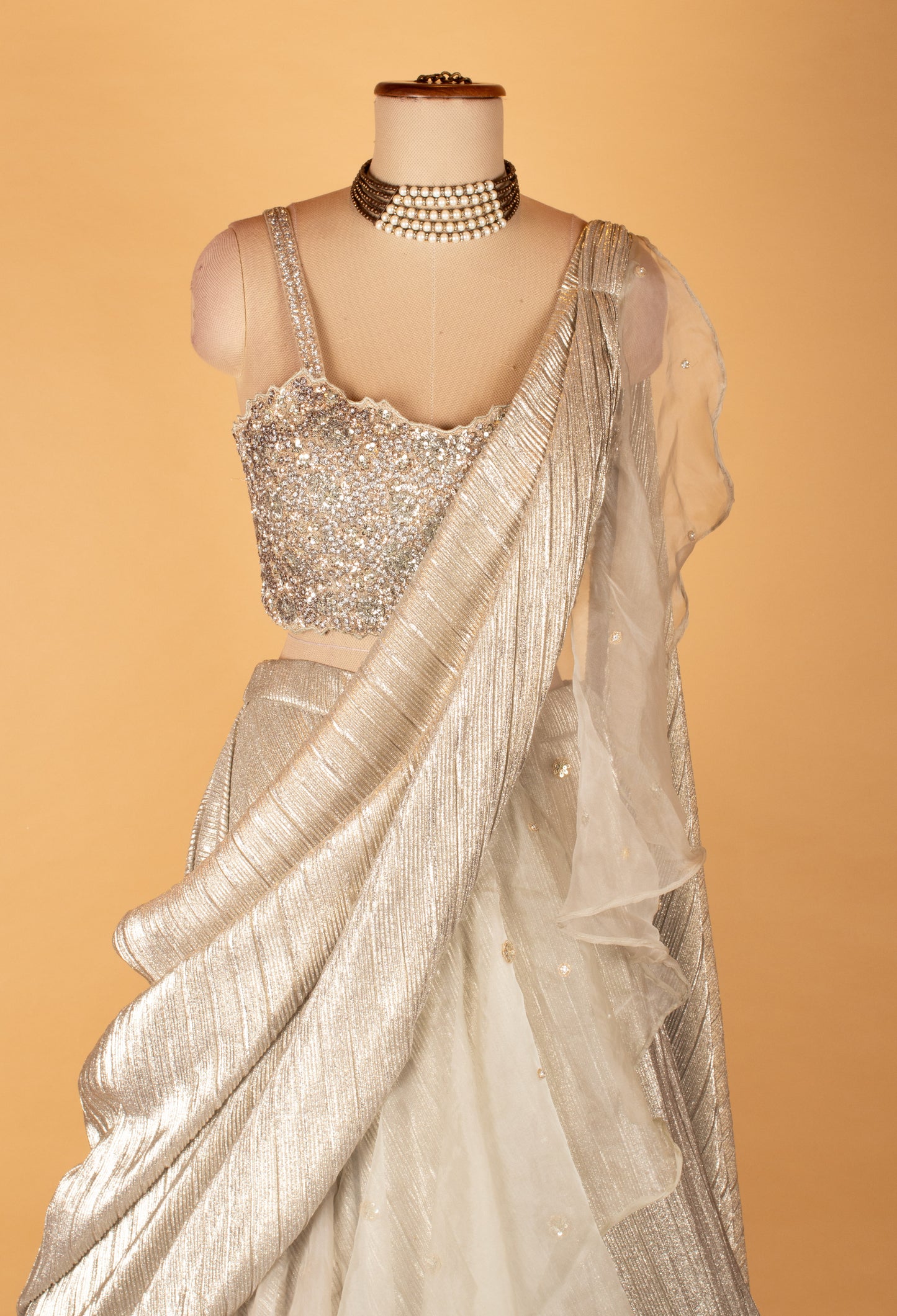 Silver Shimmer Lehenga Saree with Embellished Blouse