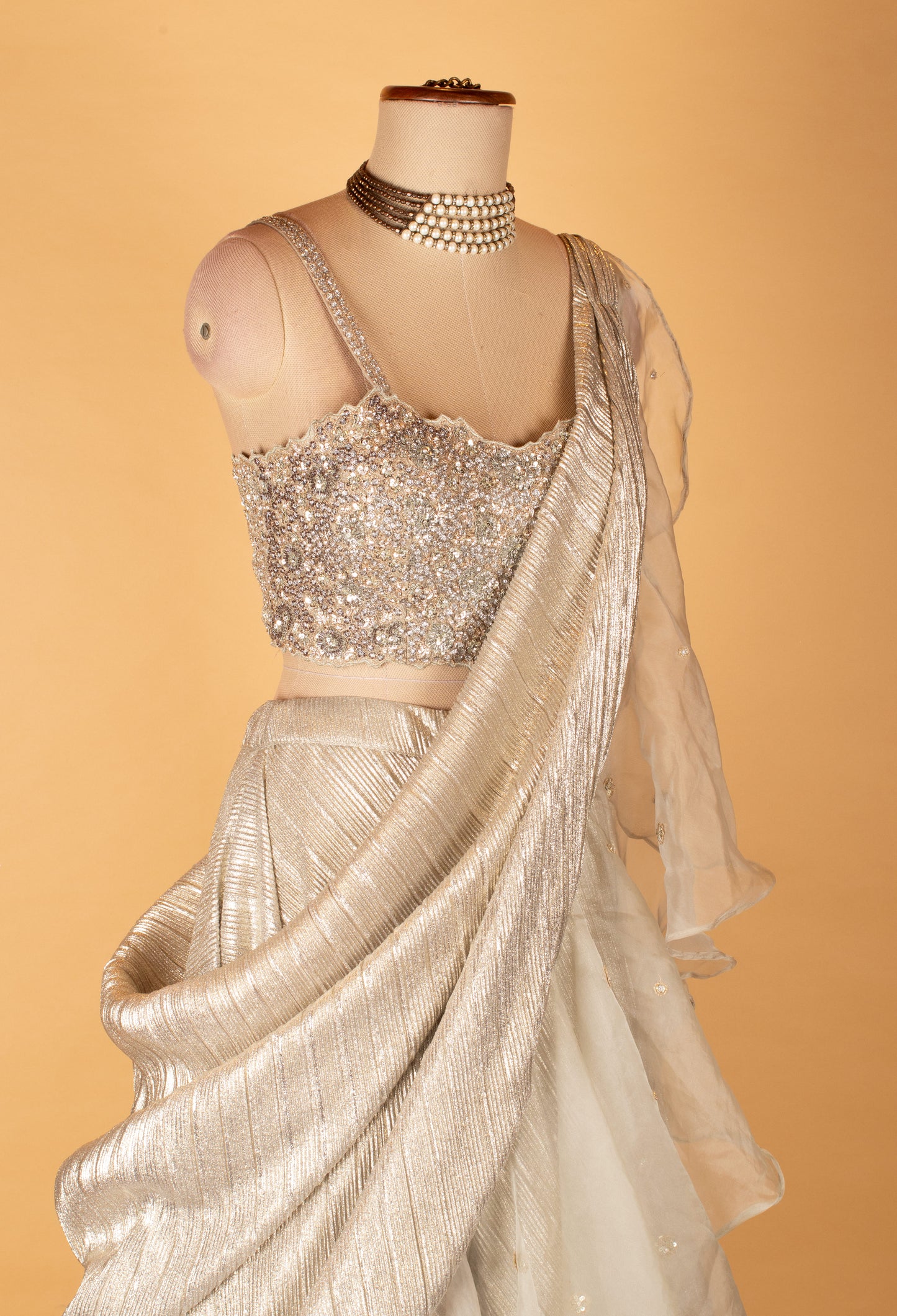Silver Shimmer Lehenga Saree with Embellished Blouse