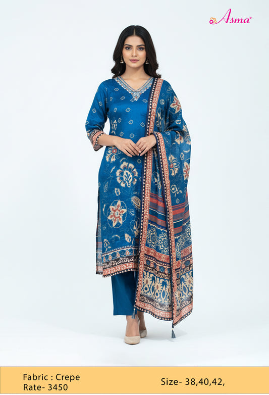 Royal Blue Printed Kurta Set with Dupatta & Pants for Women ( K10391-313 )
