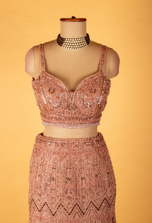 Rose gold lehenga with zari sequin and thread embroidery