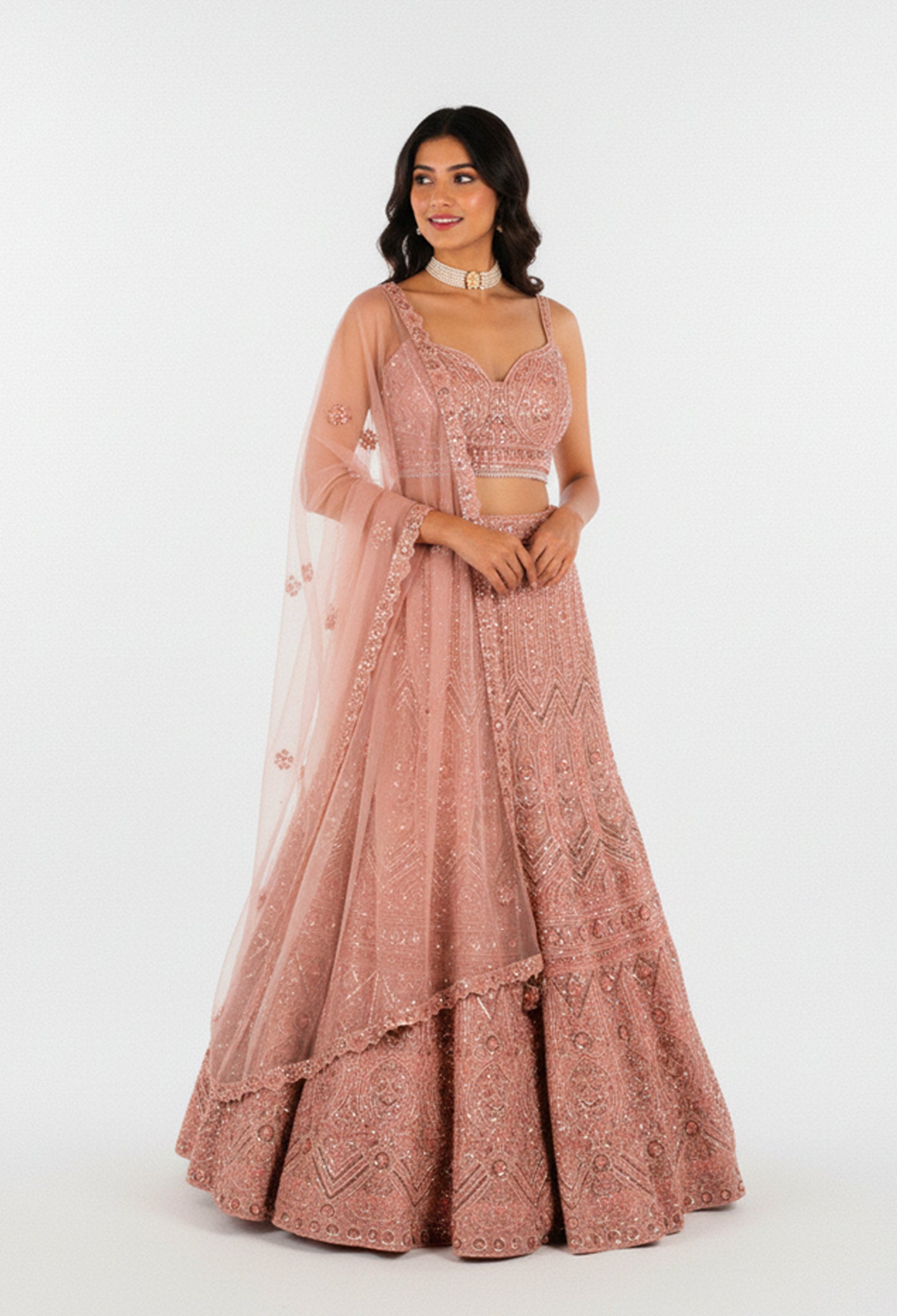 Rose Gold Embroidered Lehenga Choli with Net Dupatta