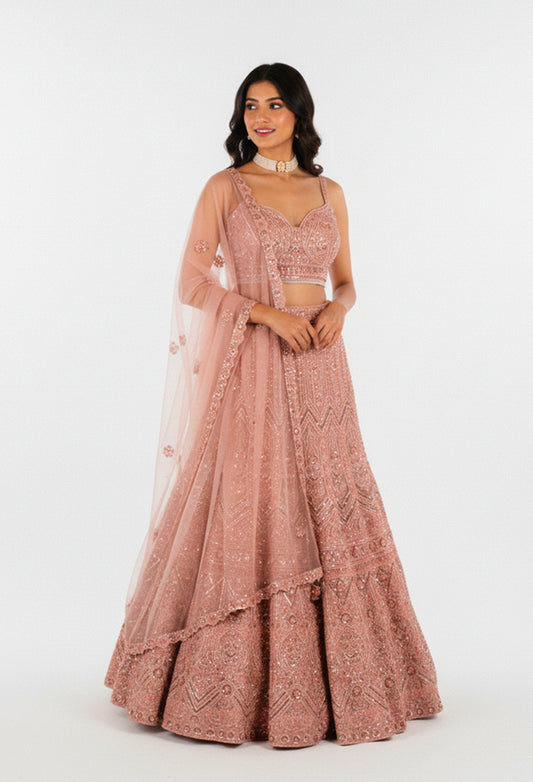 Rose Gold Embroidered Lehenga Choli with Net Dupatta