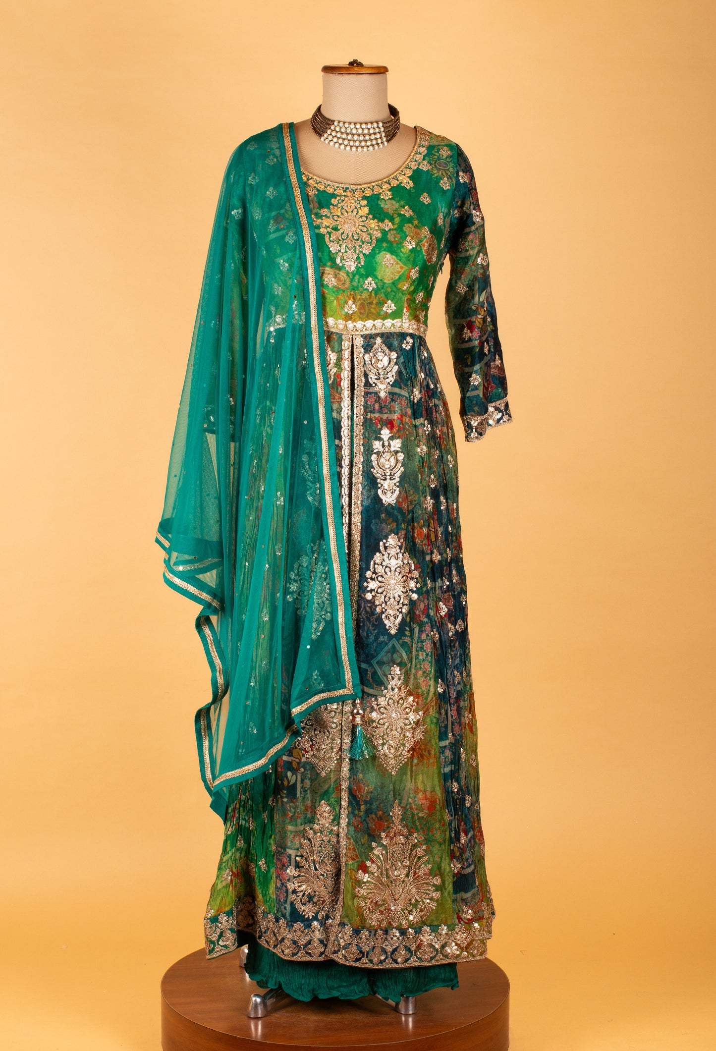 Teal Green Floral Embroidered Anarkali Suit with Dupatta