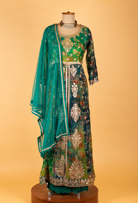 Teal green floral embroidered Anarkali suit with dupatta – view 2