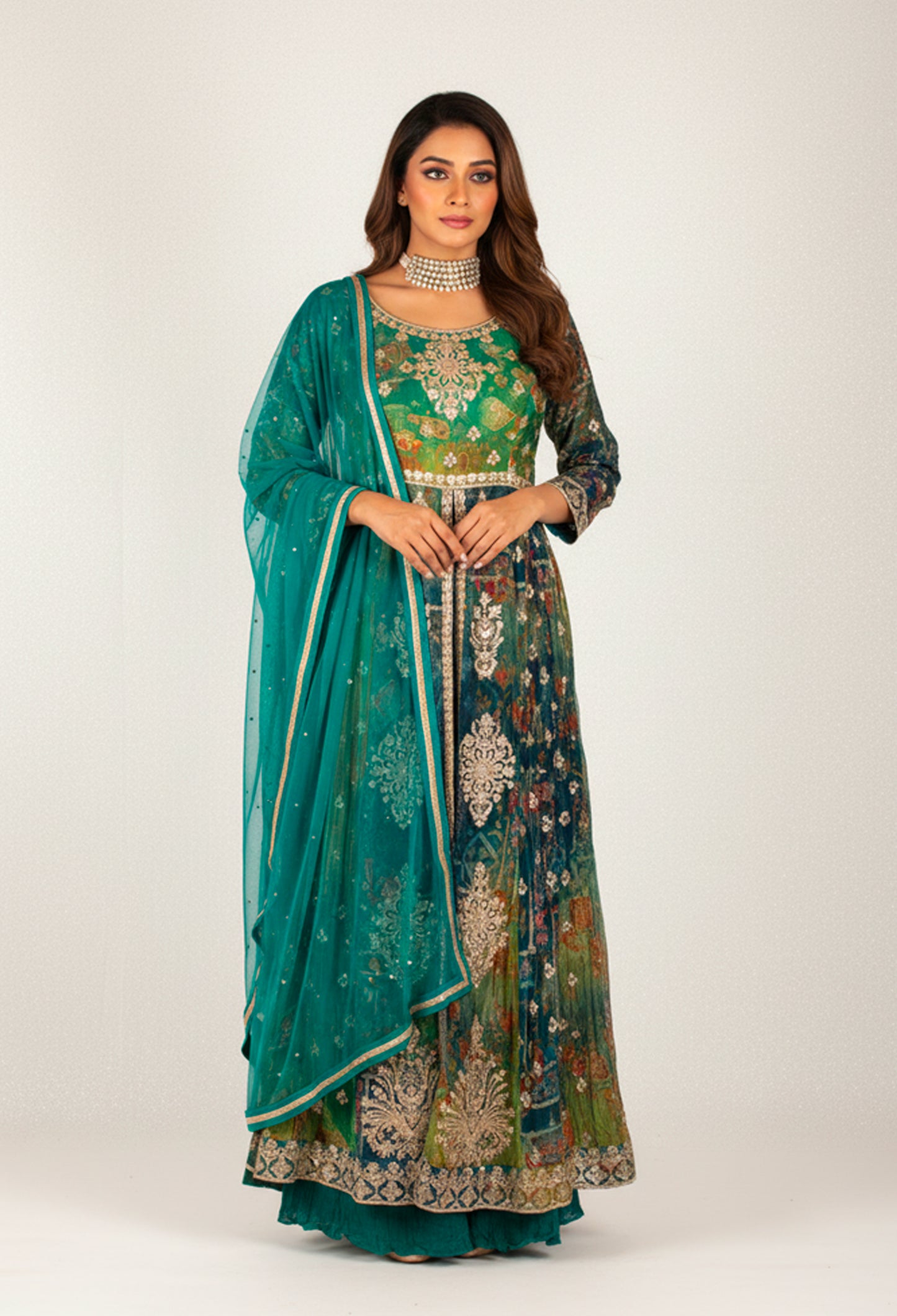 Teal Green Floral Embroidered Anarkali Suit with Dupatta