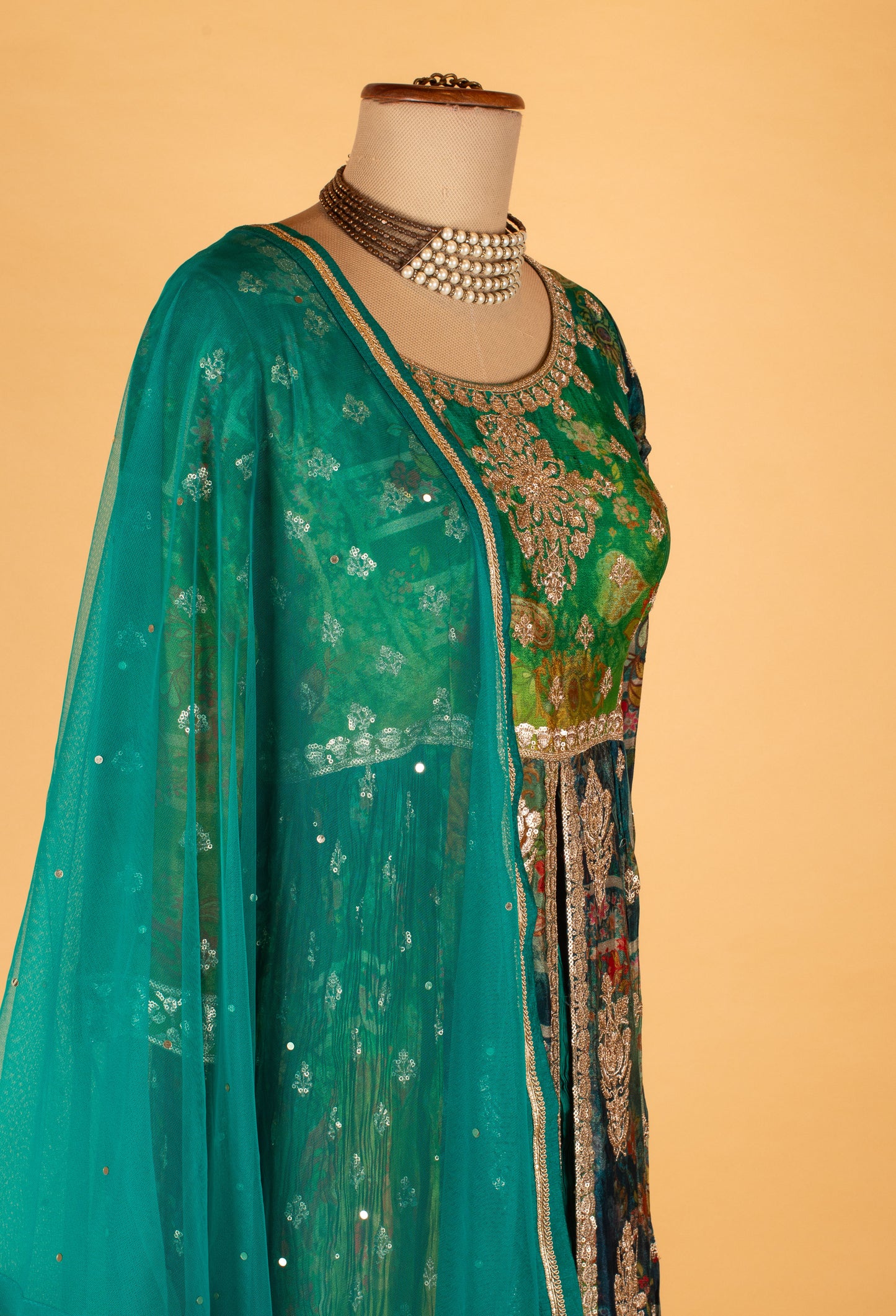Teal Green Floral Embroidered Anarkali Suit with Dupatta