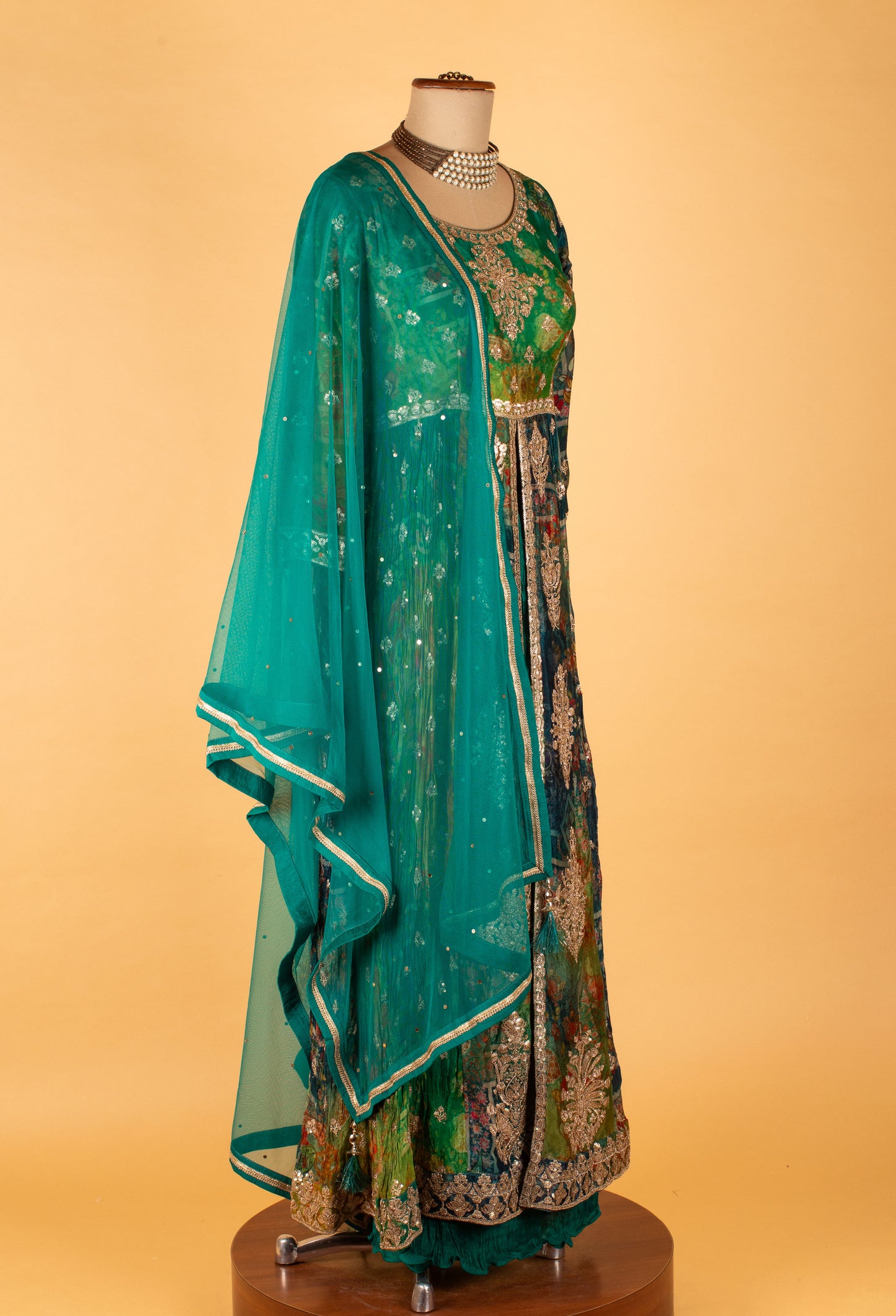 Teal Green Floral Embroidered Anarkali Suit with Dupatta