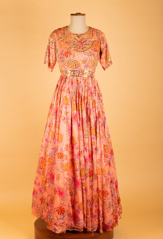 Peach floral Anarkali gown with embroidered bodice