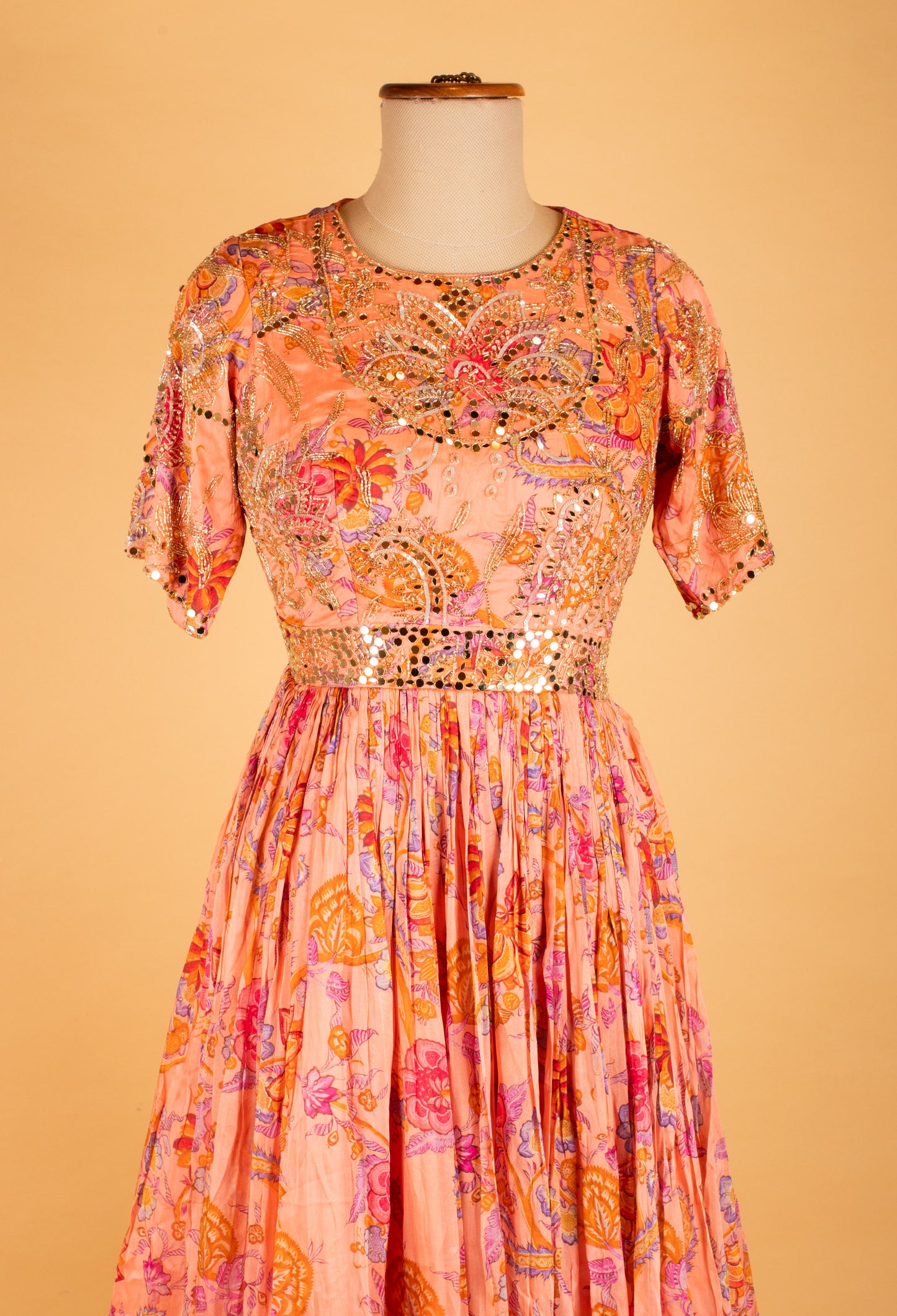 Peach Floral Printed Anarkali Gown with Dupatta