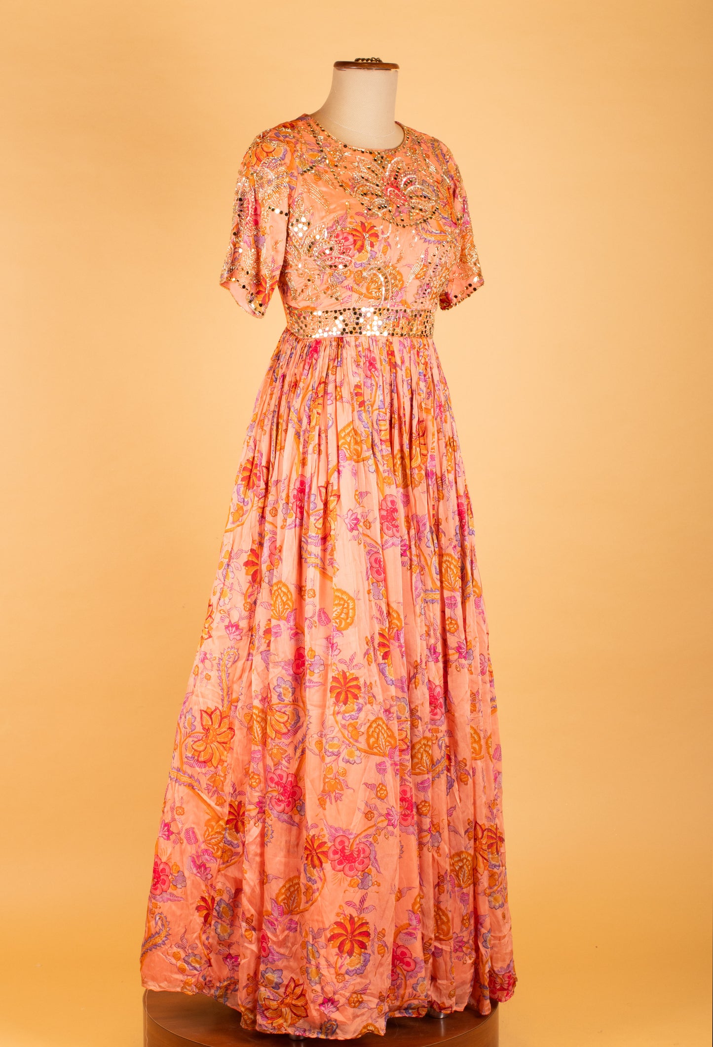 Peach Floral Printed Anarkali Gown with Dupatta
