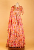 Peach Floral Printed Anarkali Gown with Dupatta