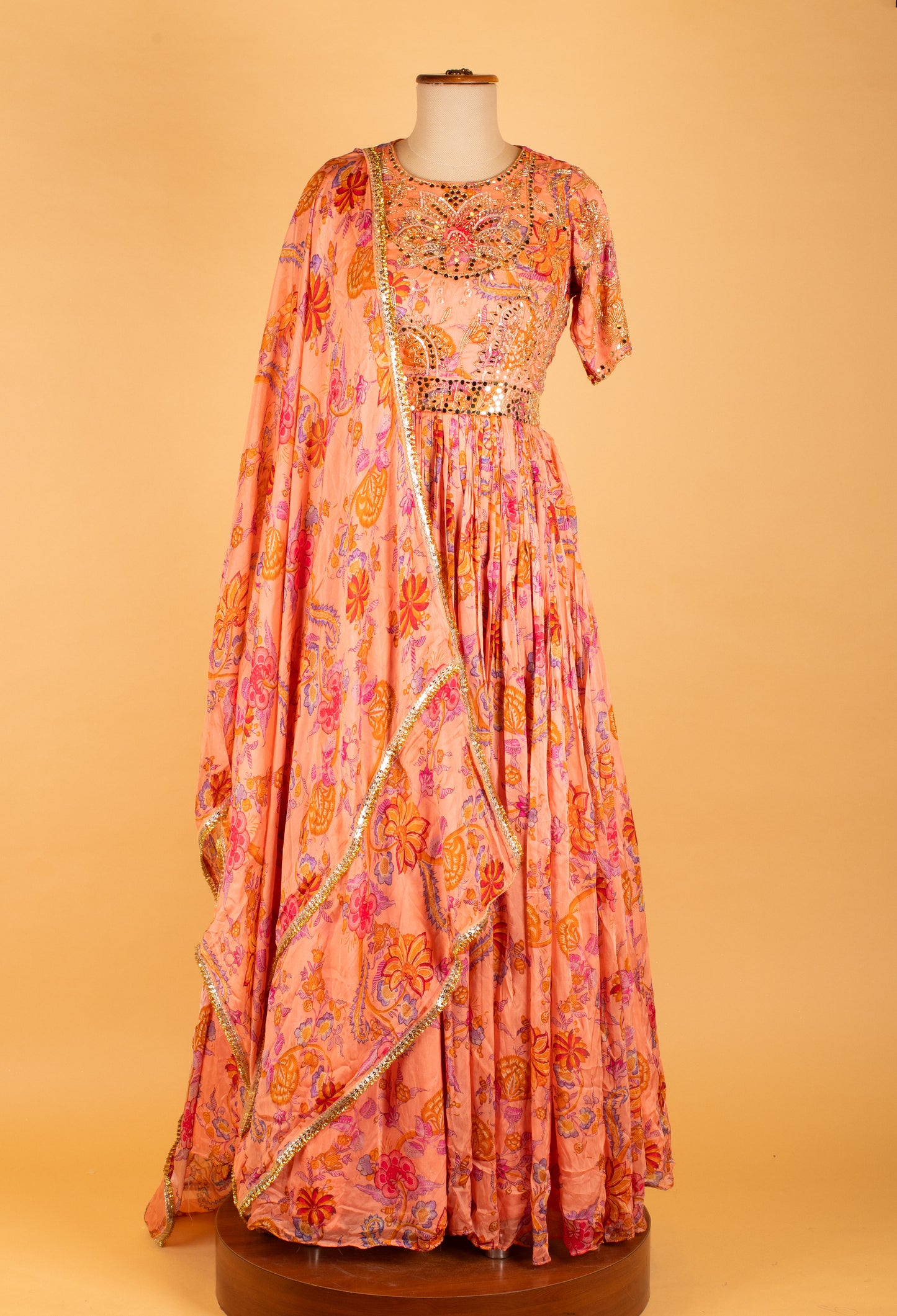 Peach Floral Printed Anarkali Gown with Dupatta