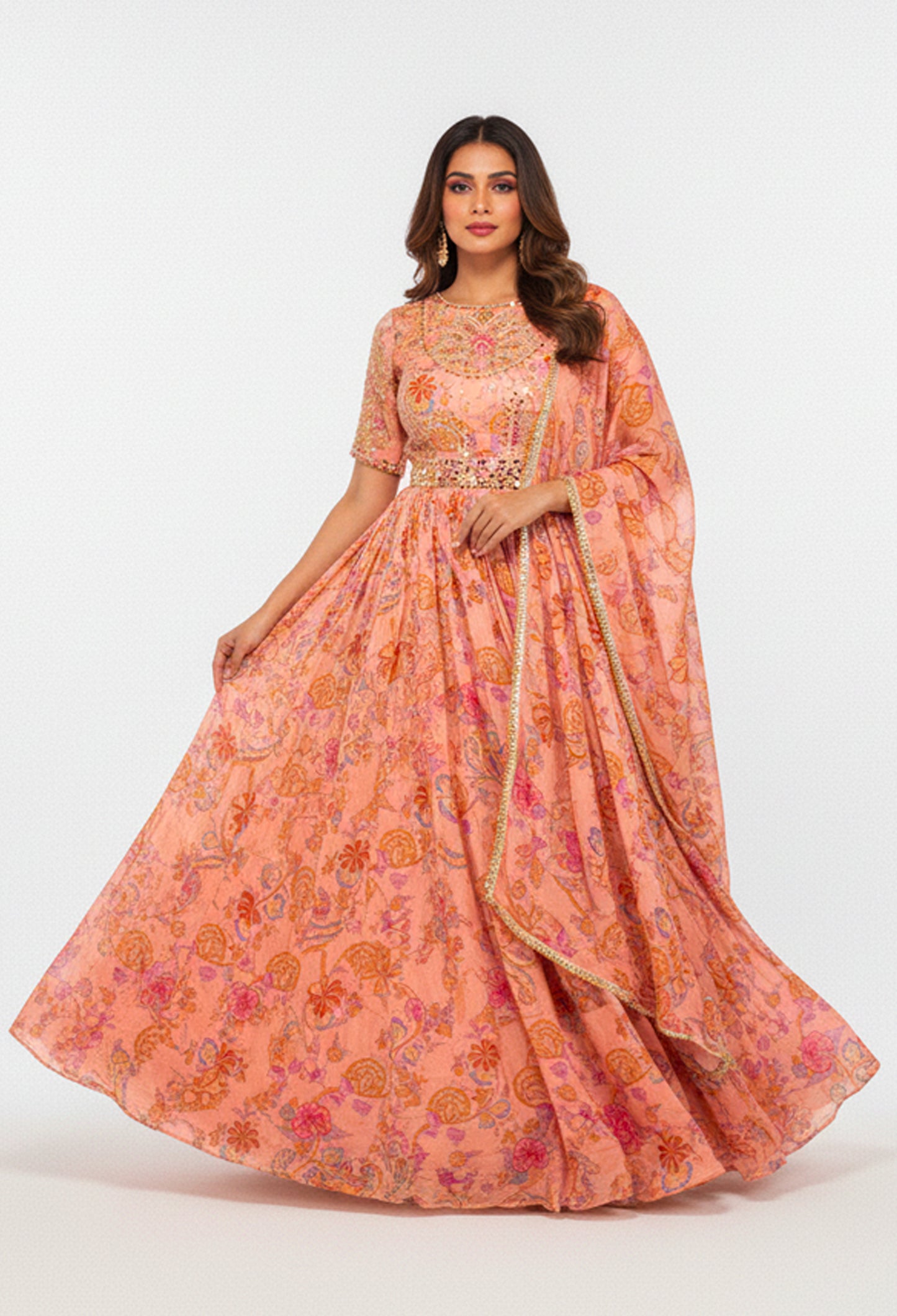 Peach Floral Printed Anarkali Gown with Dupatta