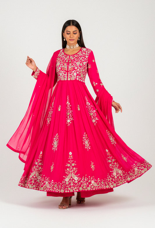 Hot Pink Embroidered Anarkali Suit with Dupatta