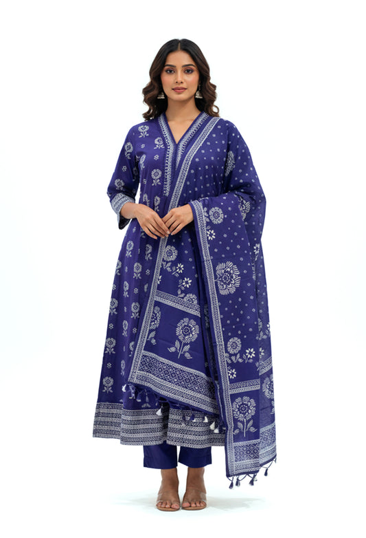 Royal blue printed straight-cut kurta pant set with dupatta for women – product image 2