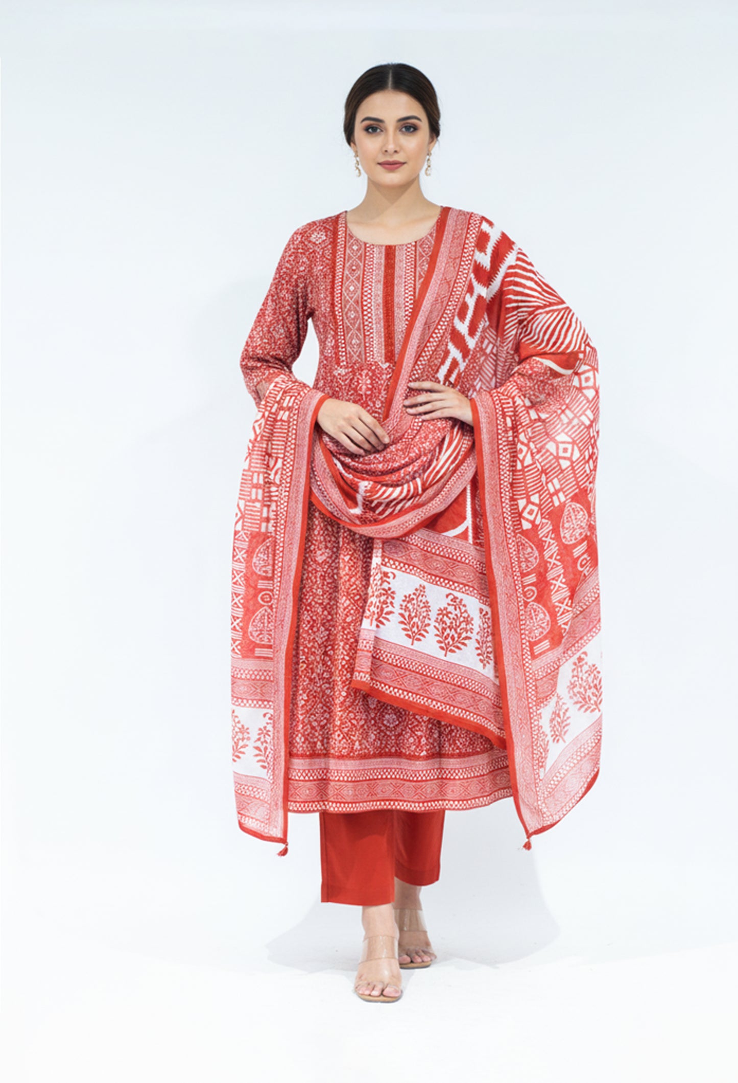 Orange Printed Cotton Kurta Pant Set with Dupatta for Women ( ELA-534 )