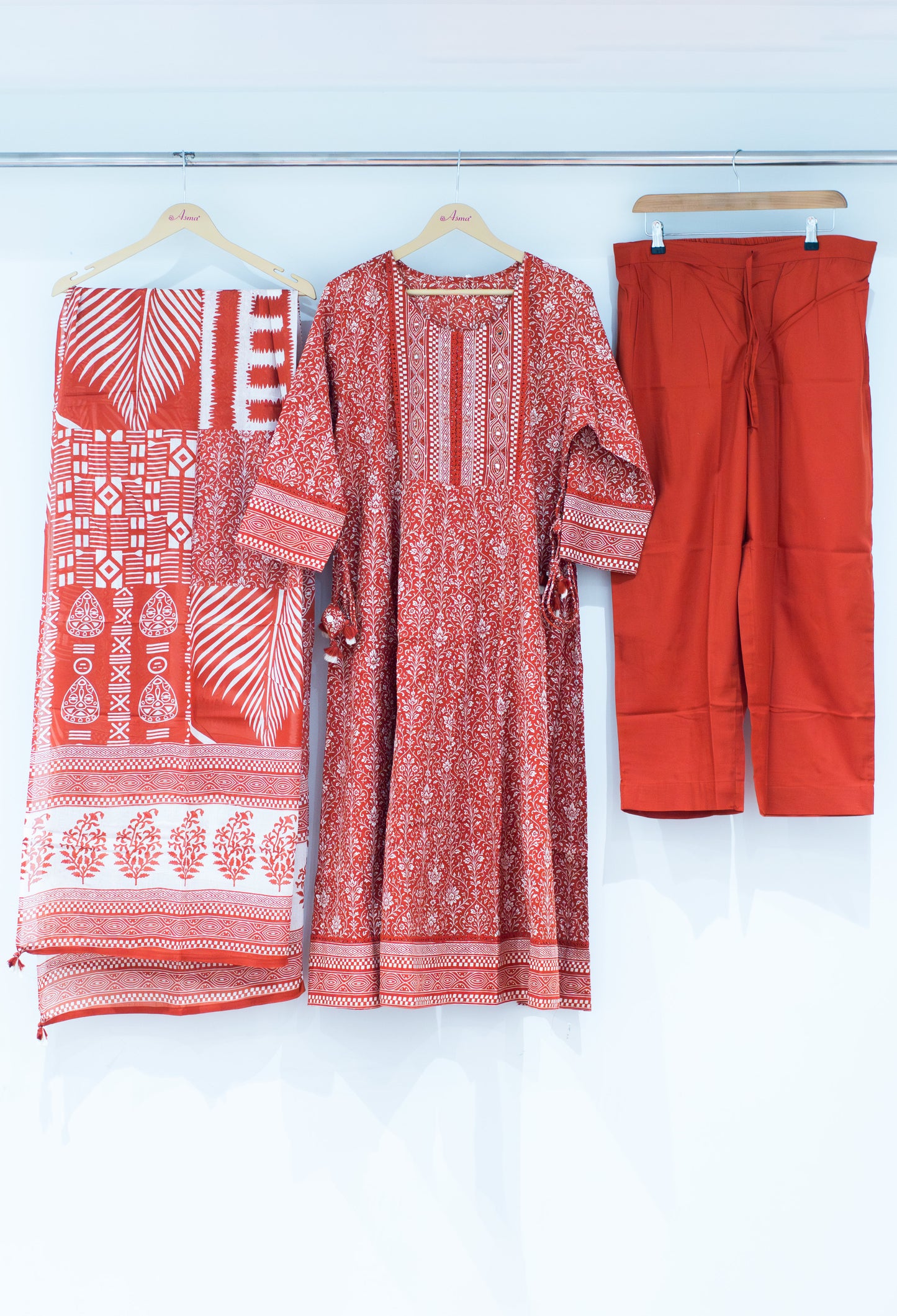 Orange Printed Cotton Kurta Pant Set with Dupatta for Women ( ELA-534 )