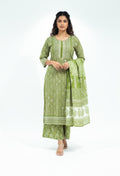 Olive Green Printed Cotton Kurta Pant Set with Dupatta for Women ( ELA-534 Green)