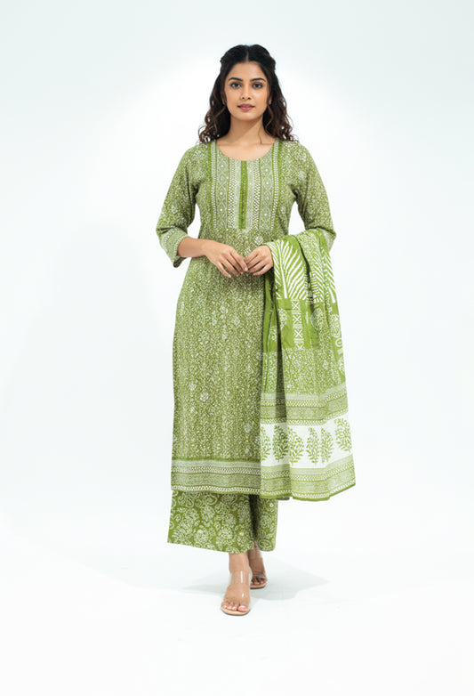 Olive green printed cotton kurta pant set with dupatta for women – product image 2