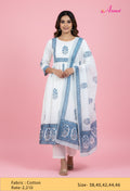 White & Blue Printed Cotton Kurta Pant Set with Dupatta for Women (FAHIMA-534)