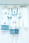 White & Blue Printed Cotton Kurta Pant Set with Dupatta for Women (FAHIMA-534)
