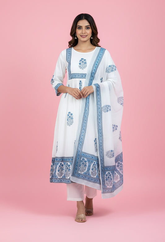 White and blue printed cotton kurta pant set with dupatta – view 2
