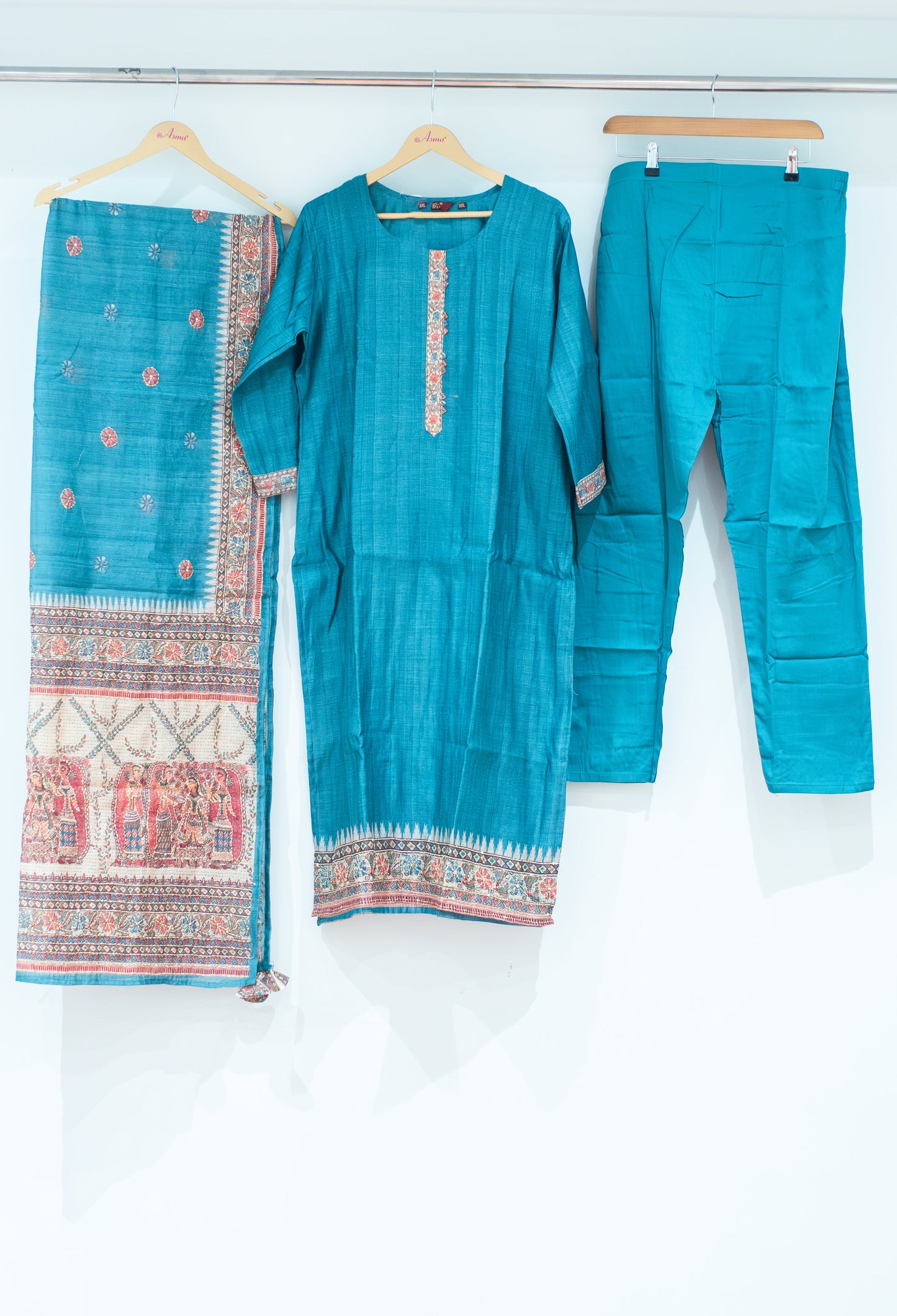 Teal Blue Cotton Kurta Set with Printed Dupatta & Straight Pants for Women (K10890-313)