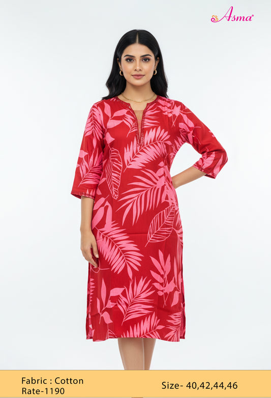 Red Leaf Print Straight Kurta for Women