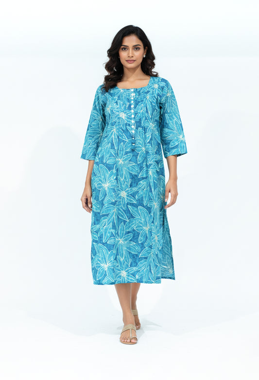 Teal blue floral printed straight kurta for women – product image 2
