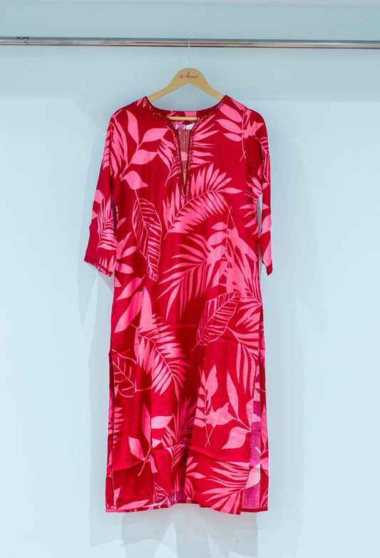 Red leaf print straight kurta for women – product image 2