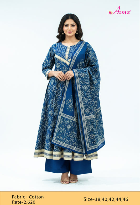 Navy Blue Printed Anarkali Kurta Pant Set with Dupatta for Women ( DOYEL-534 )