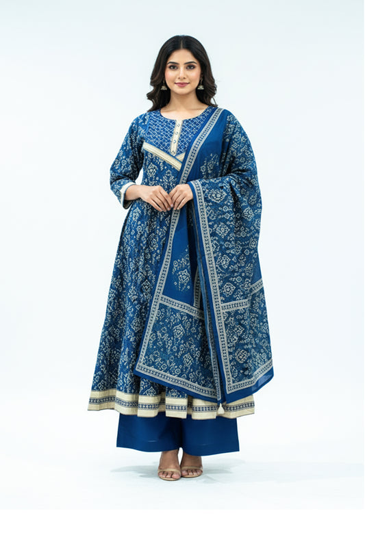 Navy blue printed Anarkali kurta pant set with dupatta for women – product image 2