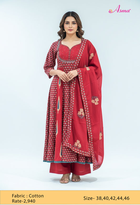 Red Printed Kurta Set with Dupatta & Pants for Women