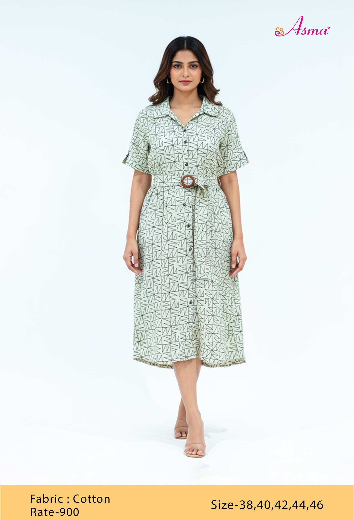 Mint Green Abstract Print Cotton Shirt-Style Kurti with Belt (FAVOUR-534)