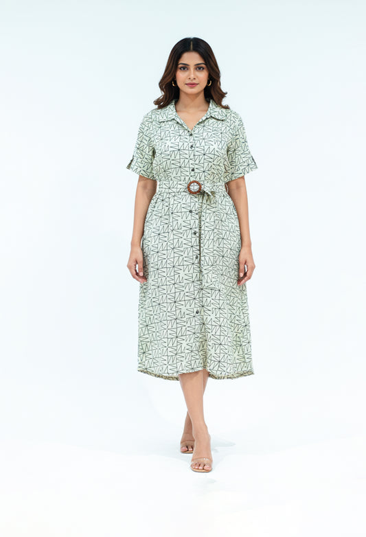 Mint green abstract print cotton shirt-style kurti with belt – product image 2