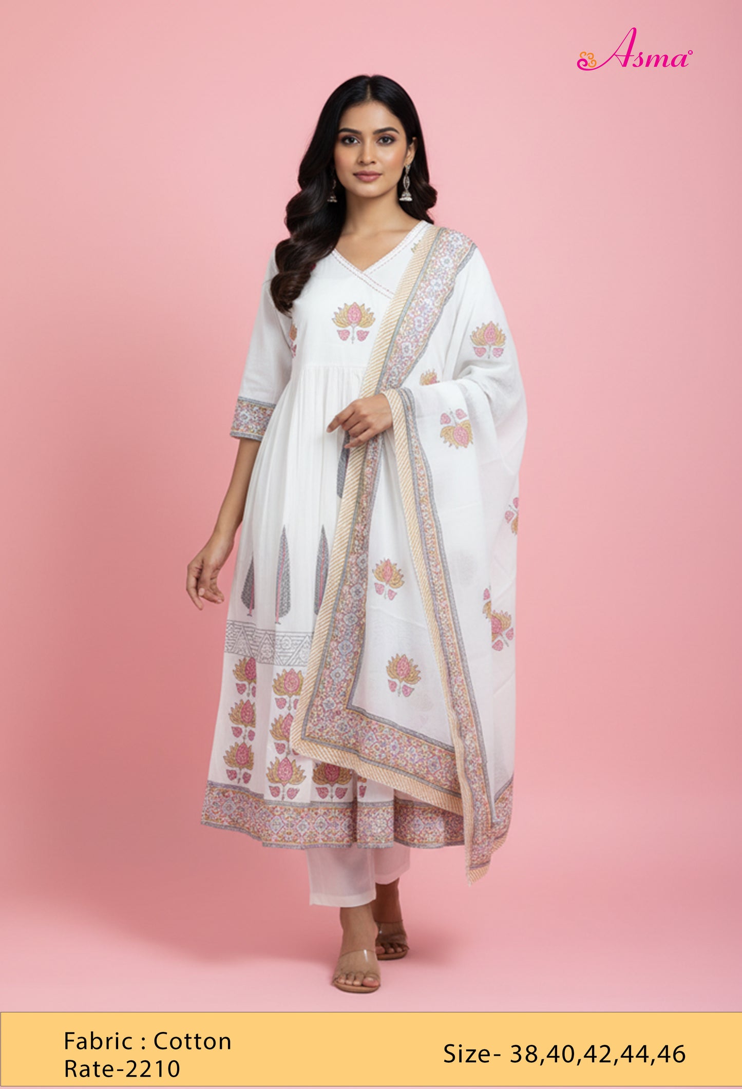 White & Pink Printed Anarkali Kurta Set with Dupatta and Straight Pants
