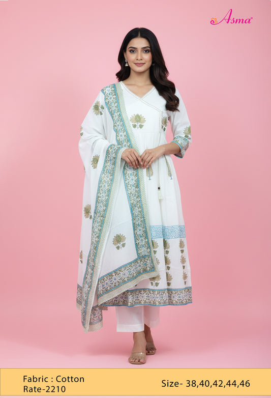 "  White Printed Anarkali Kurta Set with Dupatta & Straight Pants for Women"