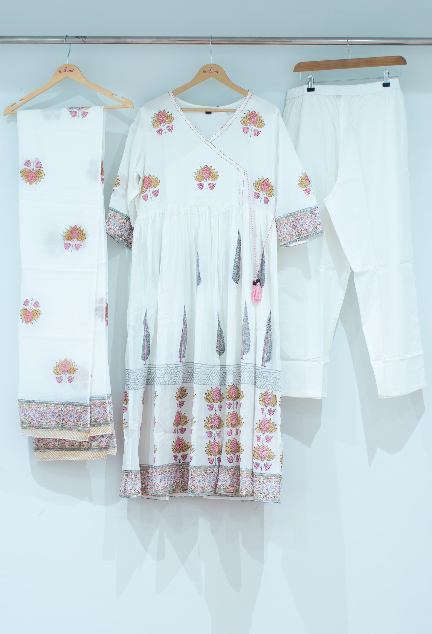 White & Pink Printed Anarkali Kurta Set with Dupatta and Straight Pants