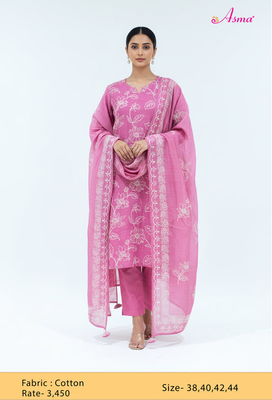Pink Floral Print Cotton Kurta Set with Dupatta & Pants for Women (K10242-313)