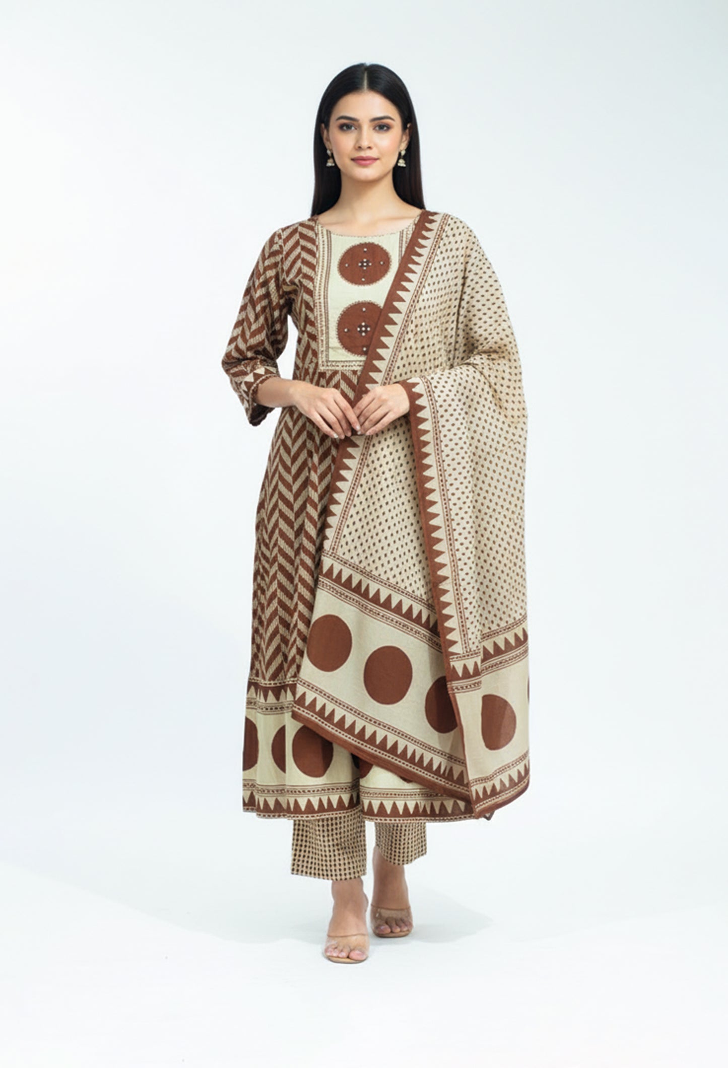 Brown & Beige Printed Kurta Pant Set with Dupatta for Women ( DIPEN-534)