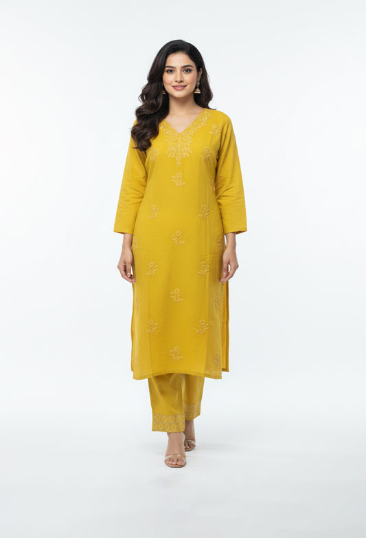 Mustard yellow embroidered kurta pant set for women – product image 2