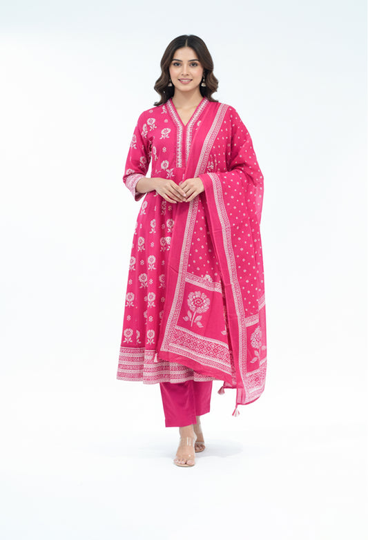 Hot pink printed kurta pant set with dupatta for women – product image 2