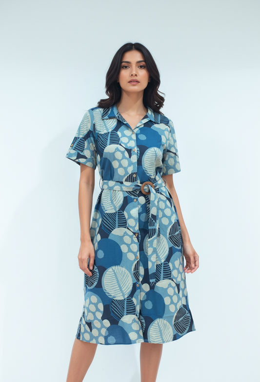 Blue abstract print cotton shirt-style dress with belt for women – product image 2