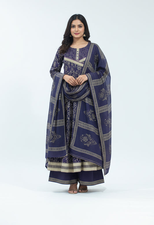Purple printed cotton kurta pant set with dupatta for women – product image 2