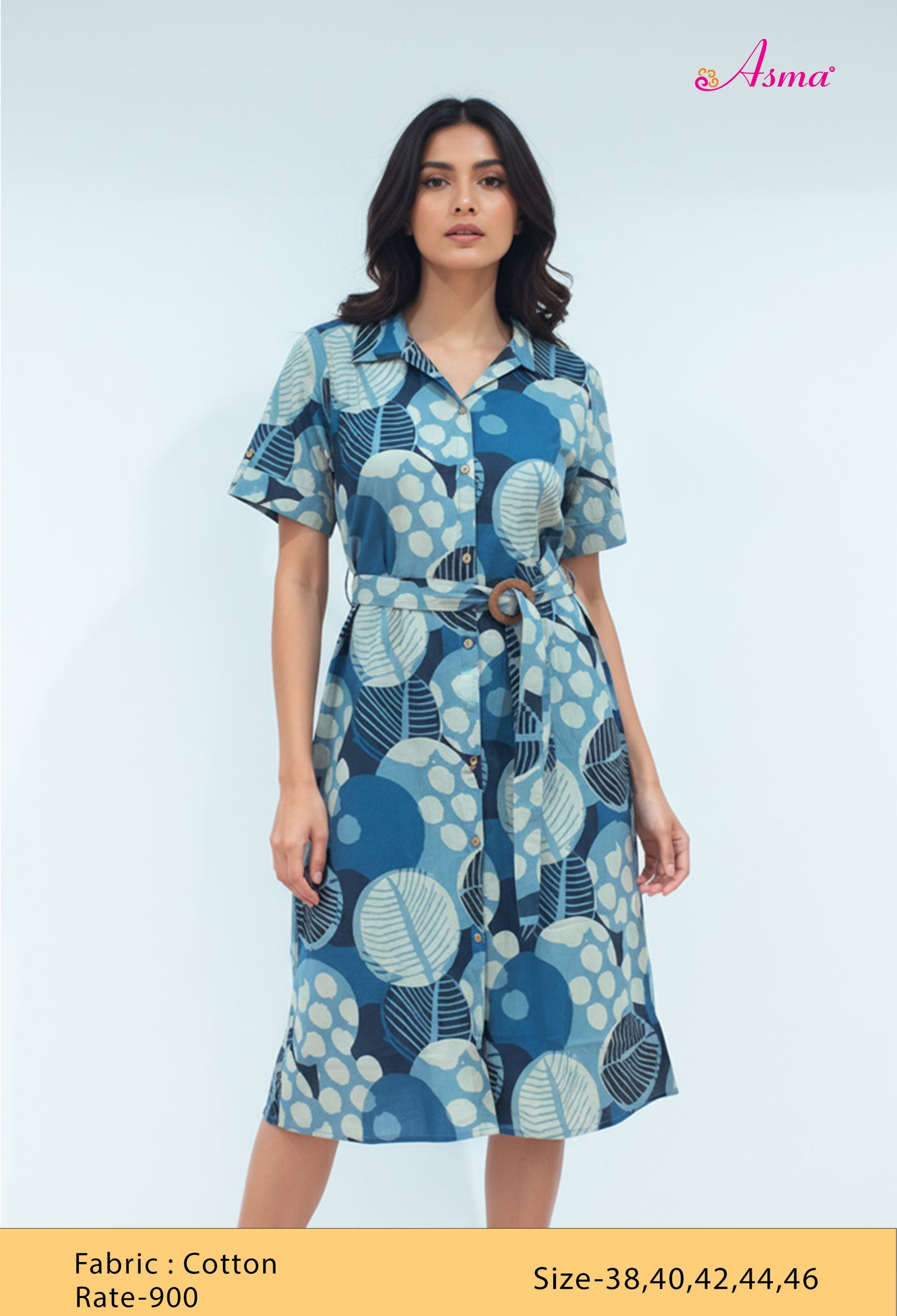 Blue Abstract Print Cotton Shirt-Style Dress with Belt for Women (FAVOUR-534 Blue)