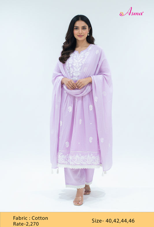 Lavender Embroidered Cotton Kurta Pant Set with Dupatta for Women ( FAME-534 )