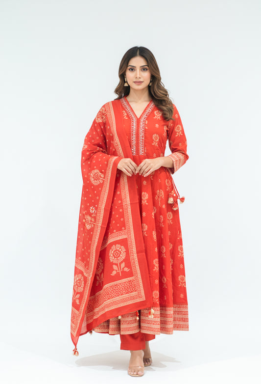 Orange printed kurta pant set with dupatta for women – product image 2