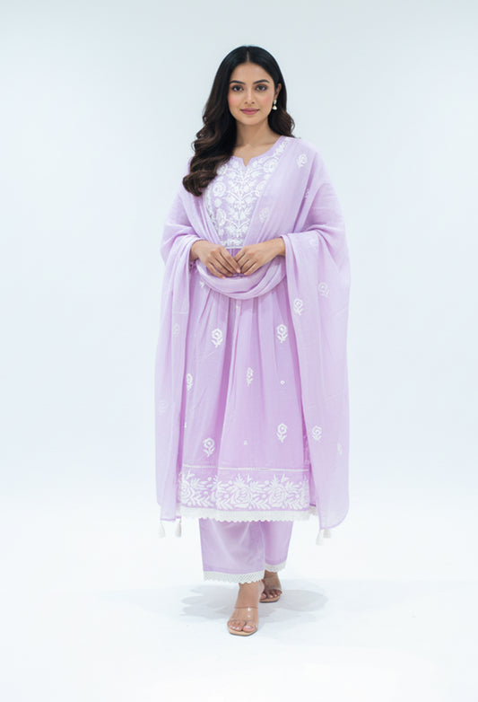 Soft pink embroidered cotton kurta pant set with dupatta for women – product image 2