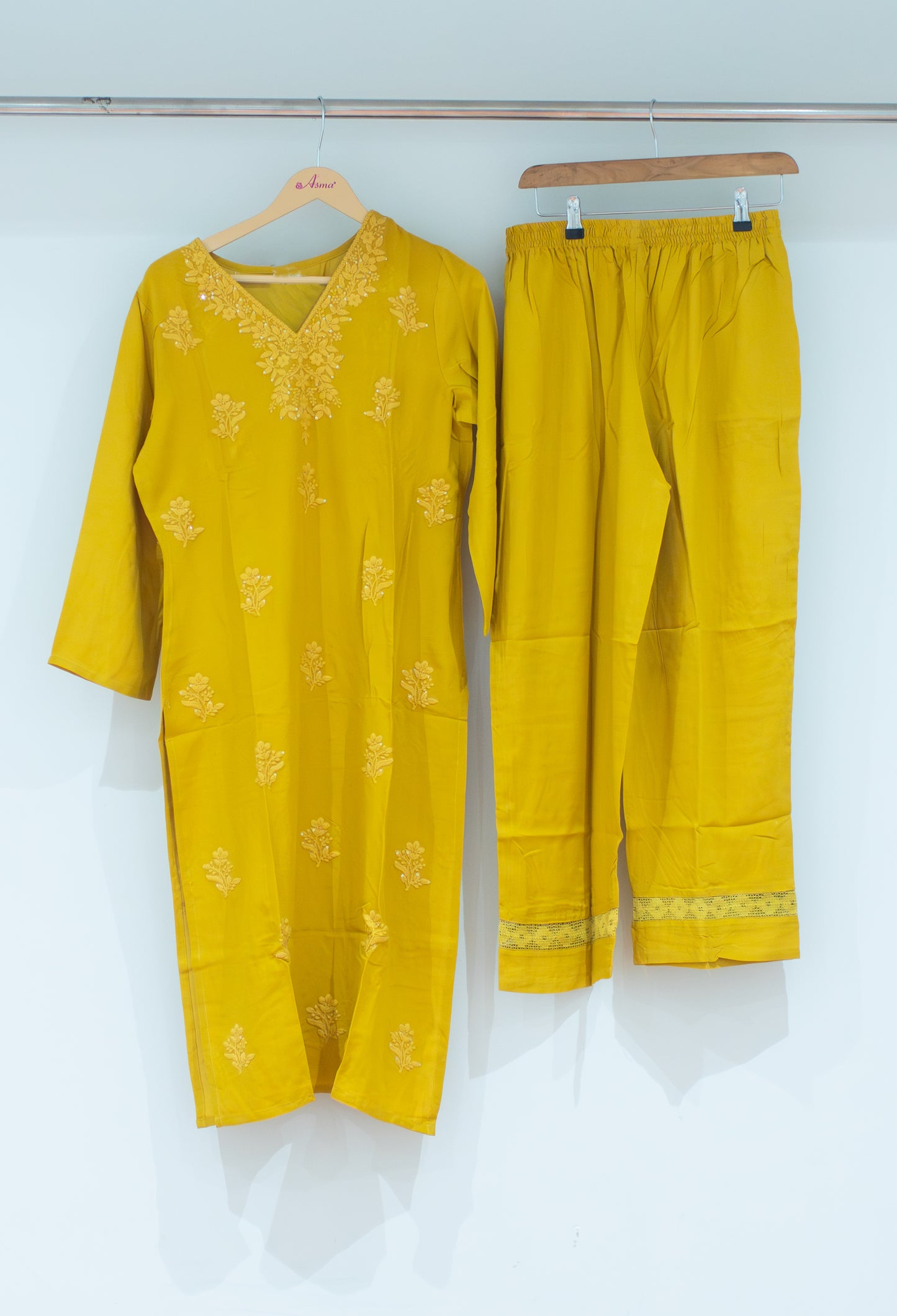 Mustard Yellow Embroidered Kurta Pant Set for Women